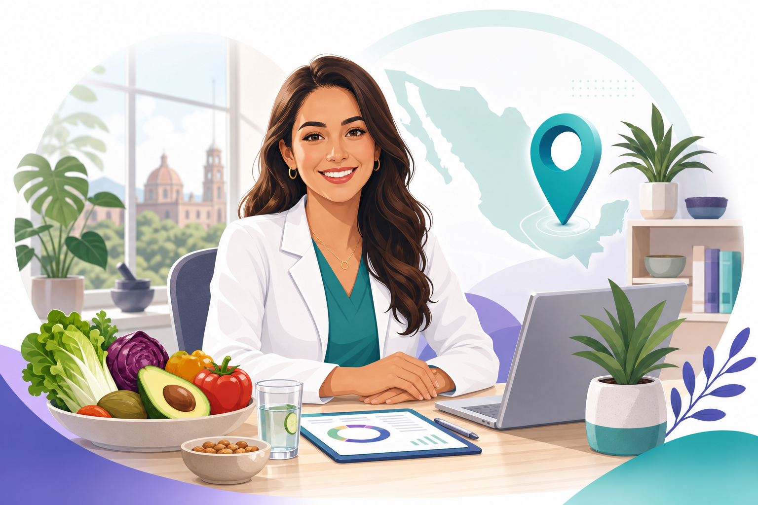 Nutrióloga en consultorio con alimentos saludables